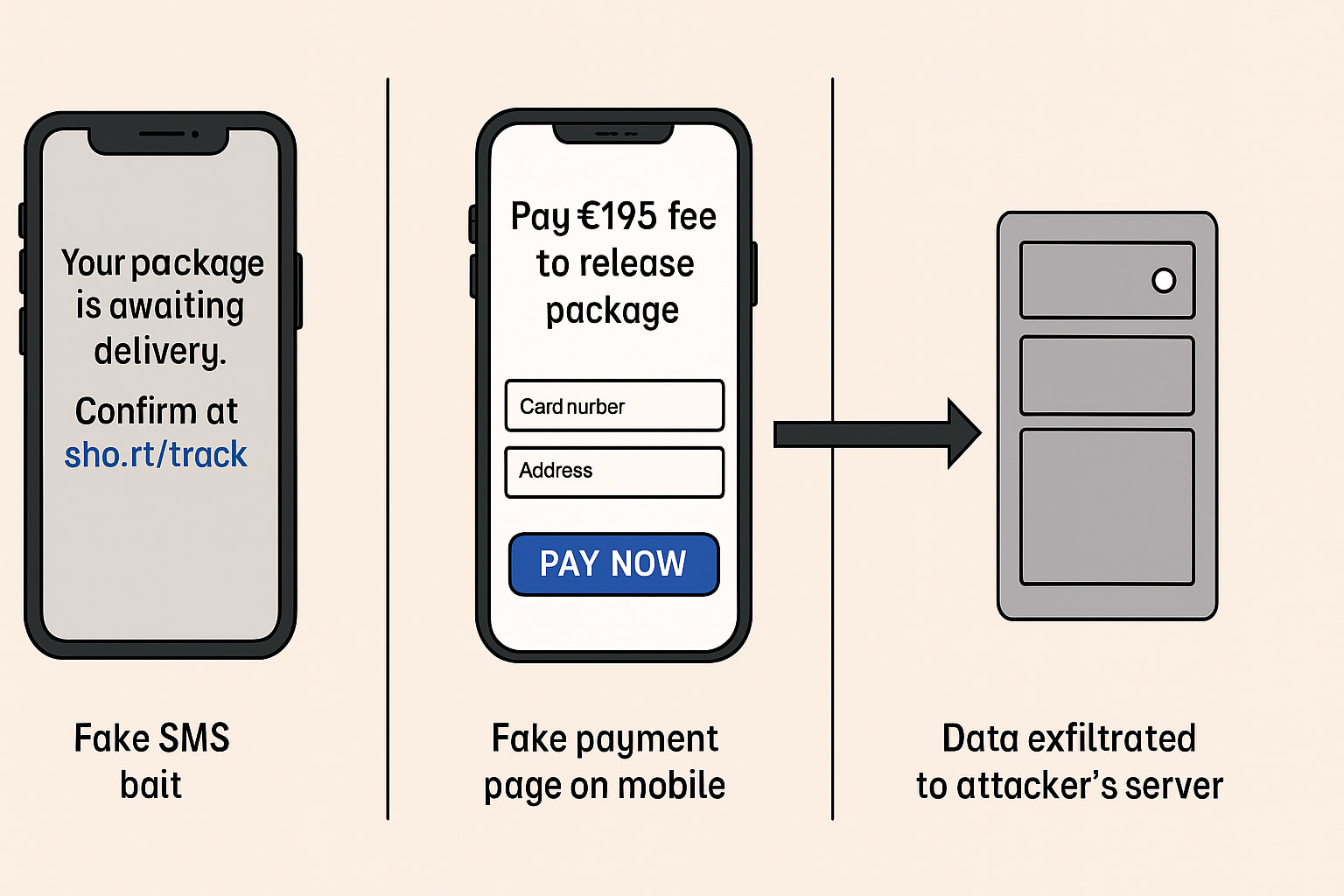 Diagram showing text message, fake payment page, and card data theft