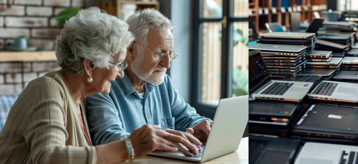 Older couple checking email safety on a laptop and stacks of laptops in the background