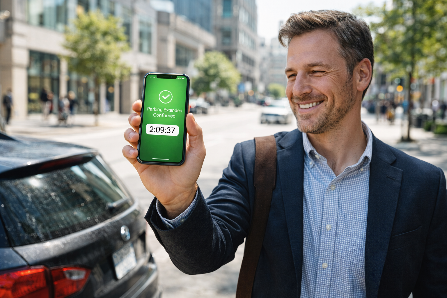 Driver using smartphone to confirm parking