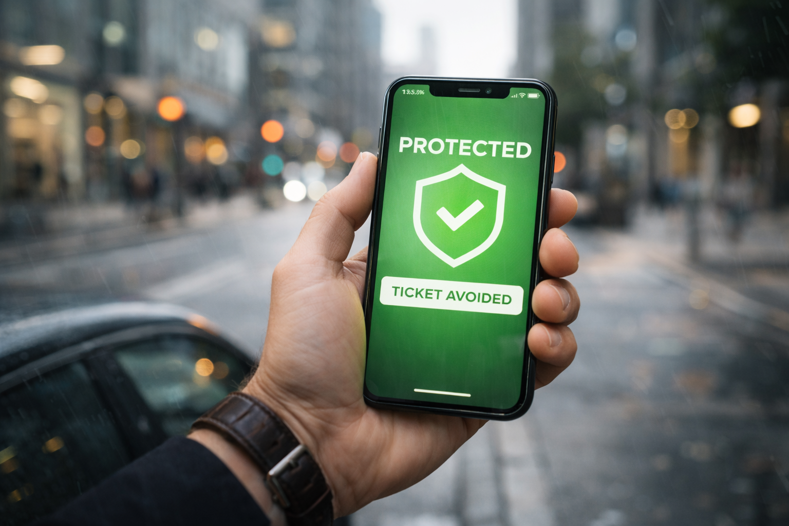 Smartphone showing secure parking active