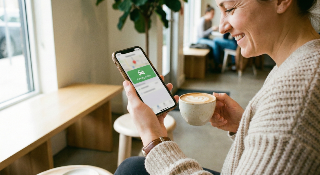 Person holding smartphone in coffee shop